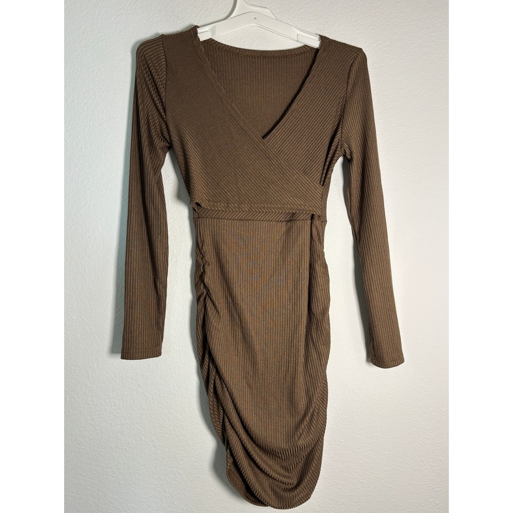 Dazy Brown Ribbed Surplice Wrap Long Sleeve Ruched Bodycon Mini Dress Size M NWT